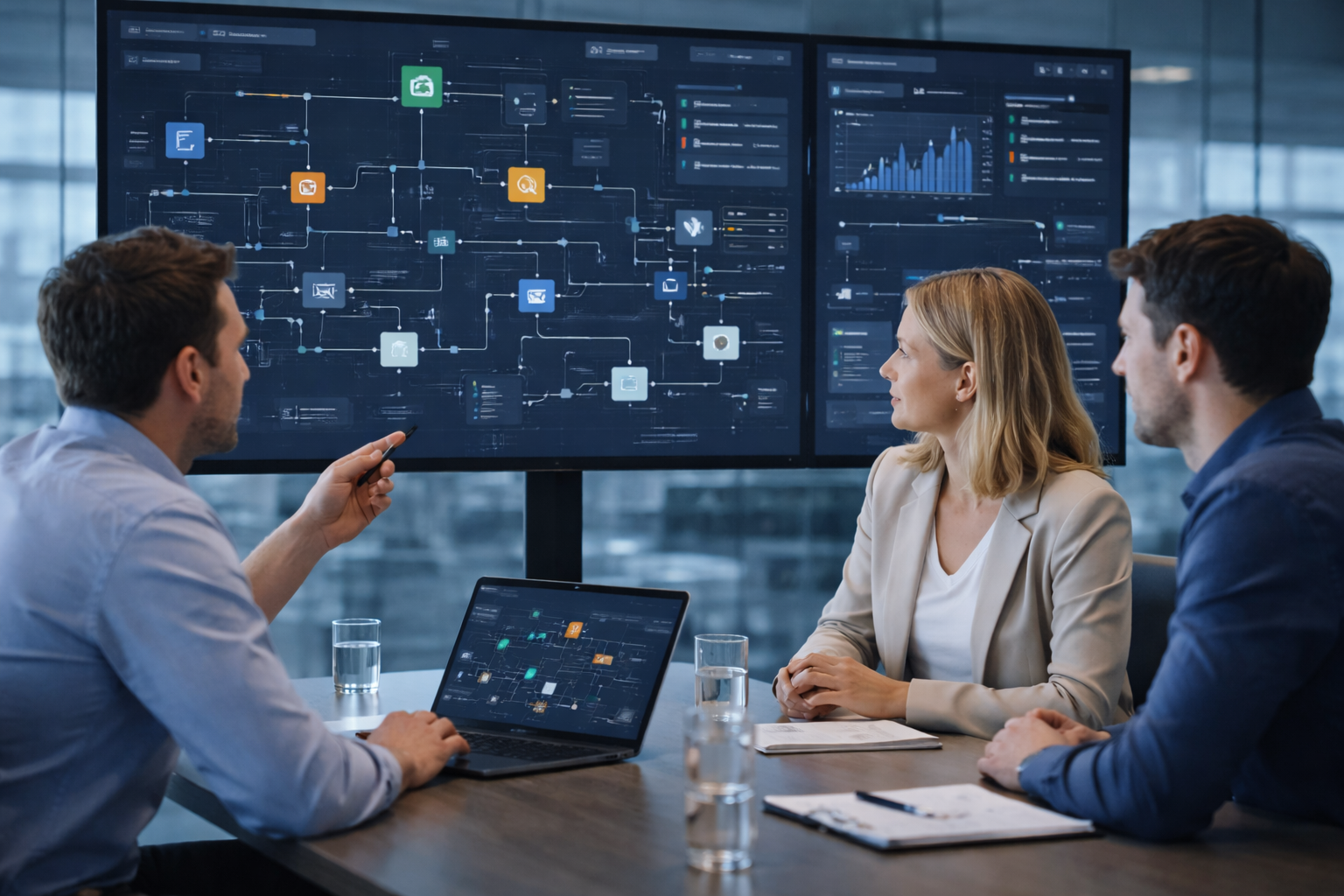 Business team analyzing AI-powered operational workflows and automation performance.